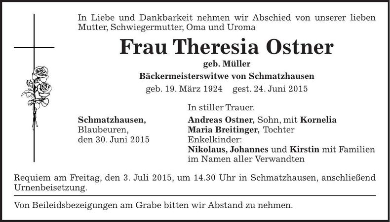Traueranzeige Theresia Ostner