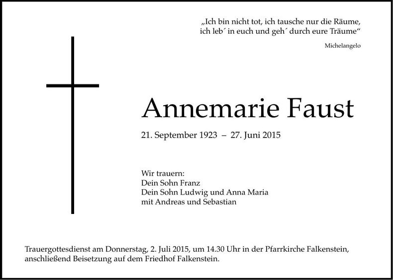 Traueranzeige Annemarie Faust