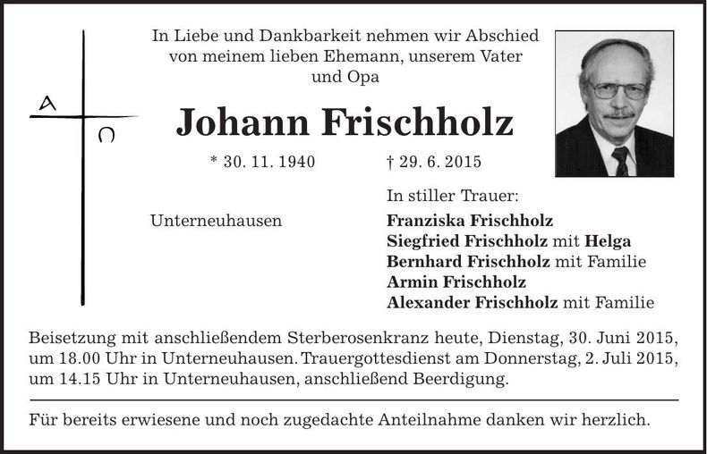 Traueranzeige Johann Frischholz