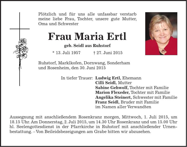 Traueranzeige Maria Ertl