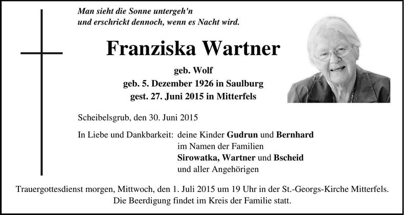 Traueranzeige Franziska Wartner