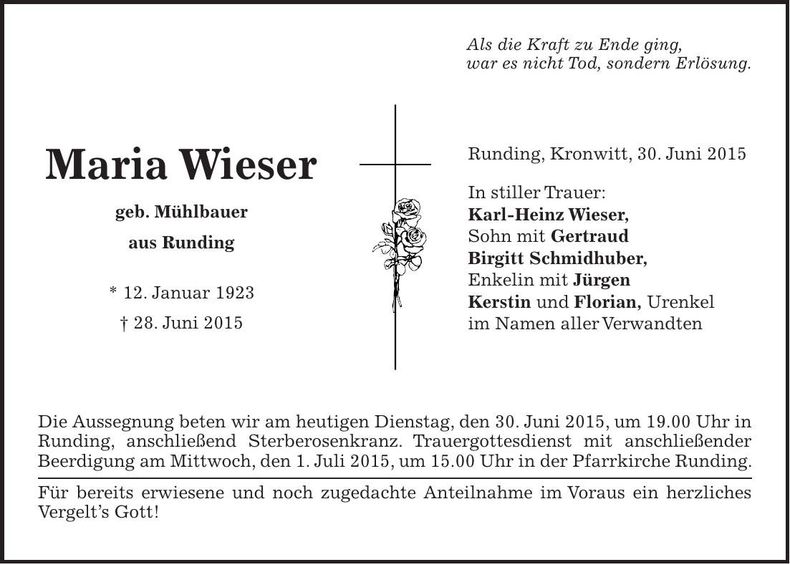 Traueranzeige Maria Wieser