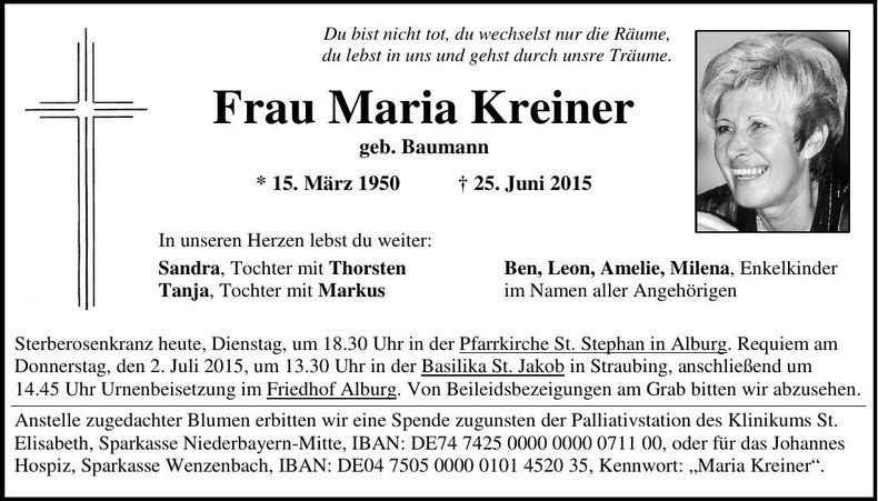 Traueranzeige Maria Kreiner