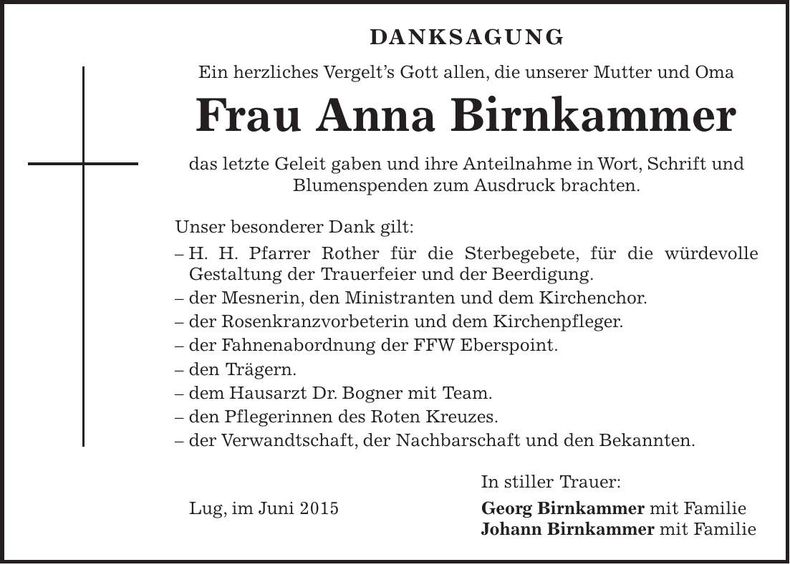 Traueranzeige Anna Birnkammer
