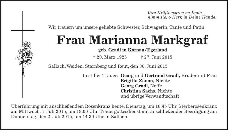Traueranzeige Markgraf Marianna