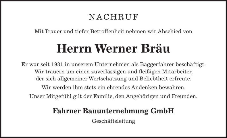 Traueranzeige Werner Bräu