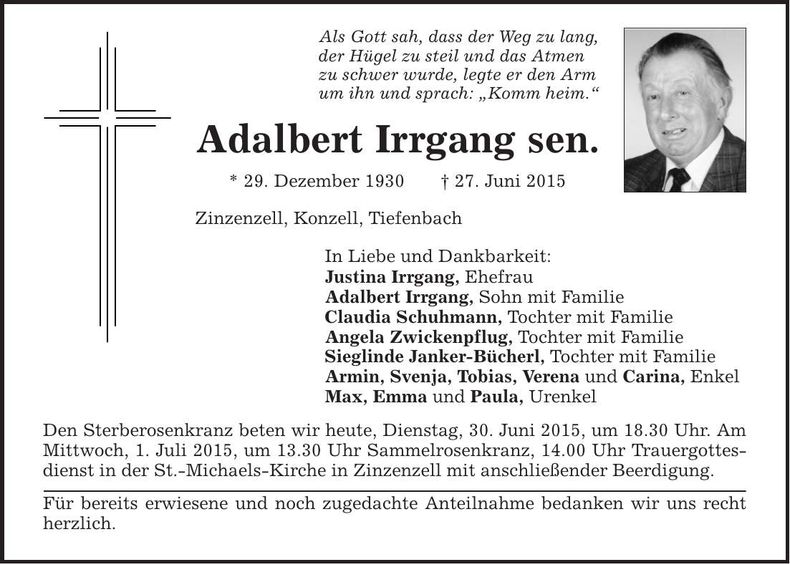 Traueranzeige Adalbert Irrgang sen.