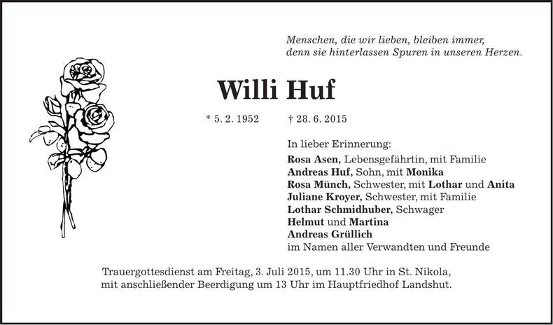 Traueranzeige Willi Huf