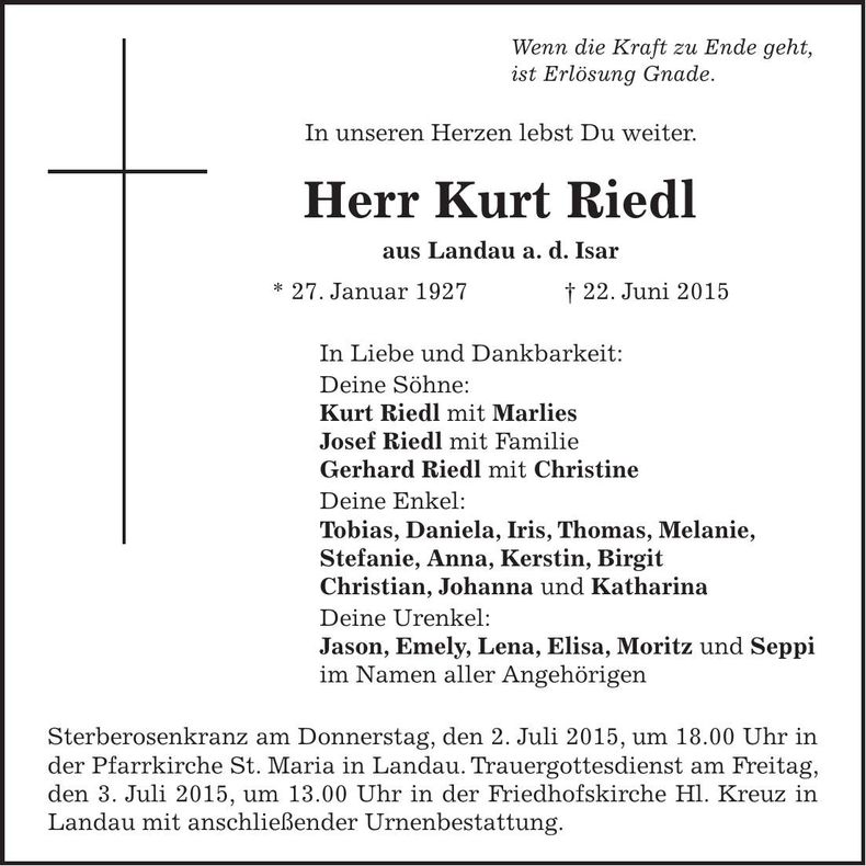 Traueranzeige Kurt Riedl