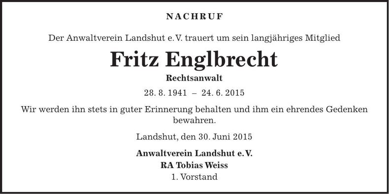 Traueranzeige Fritz Englbrecht