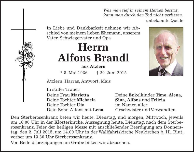 Traueranzeige Alfons Brandl