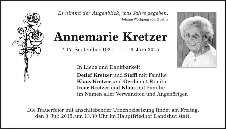 Traueranzeige Annemarie Kretzer