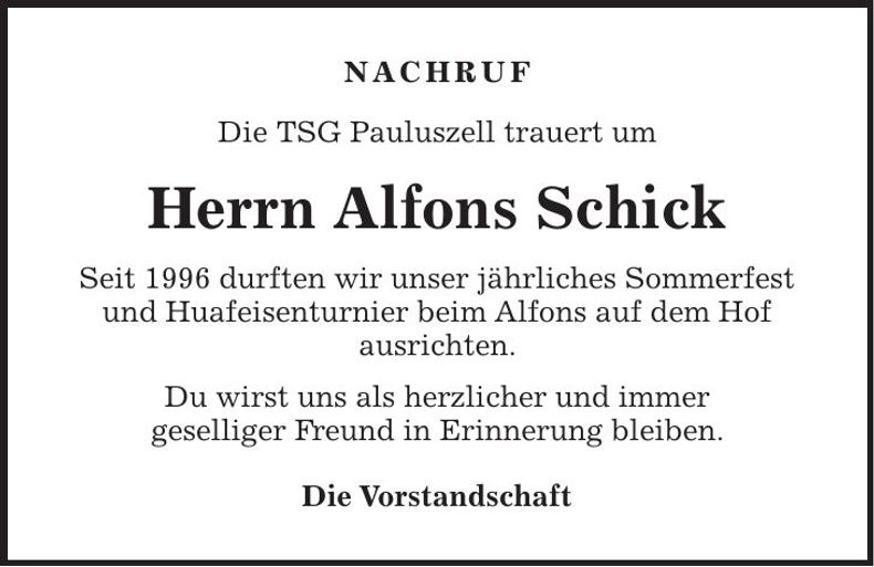 Traueranzeige Alfons Schick