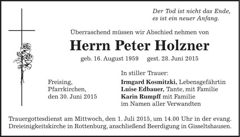 Traueranzeige Peter Holzner