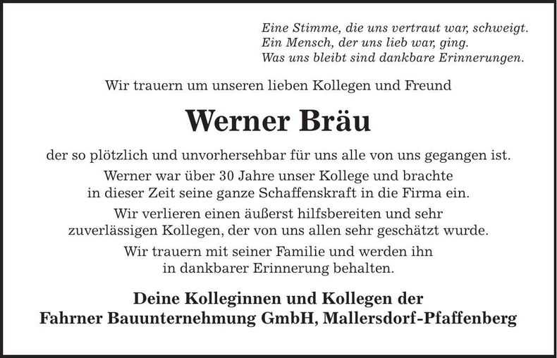 Traueranzeige Werner Bräu