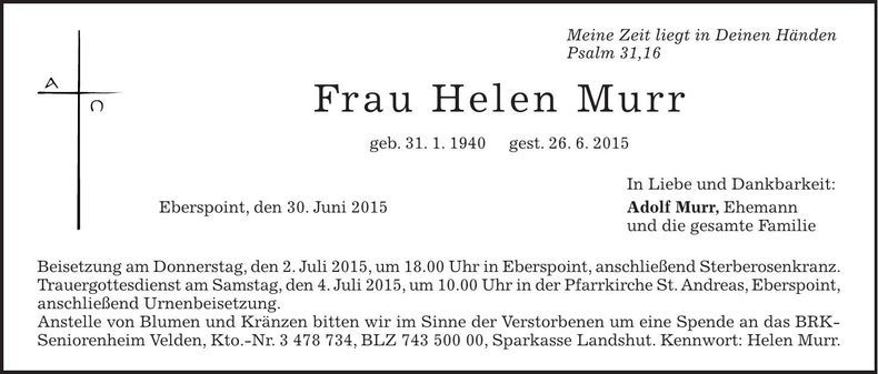 Traueranzeige Helen Murr