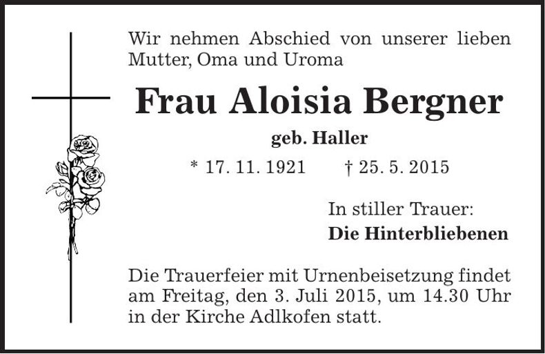 Traueranzeige Aloisia Bergner