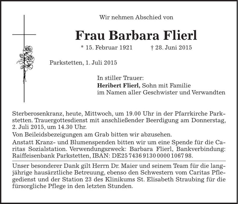 Traueranzeige Barbara Flierl