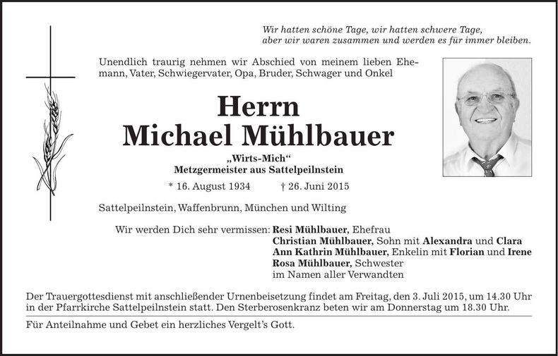 Traueranzeige Michael Mühlbauer