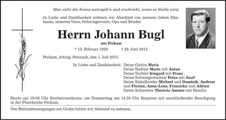 Traueranzeige Johann Bugl