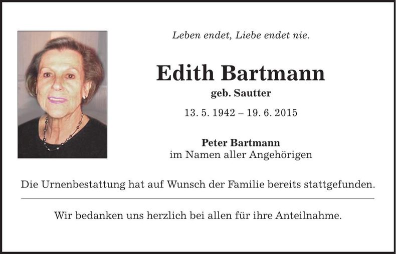 Traueranzeige Edith Bartmann