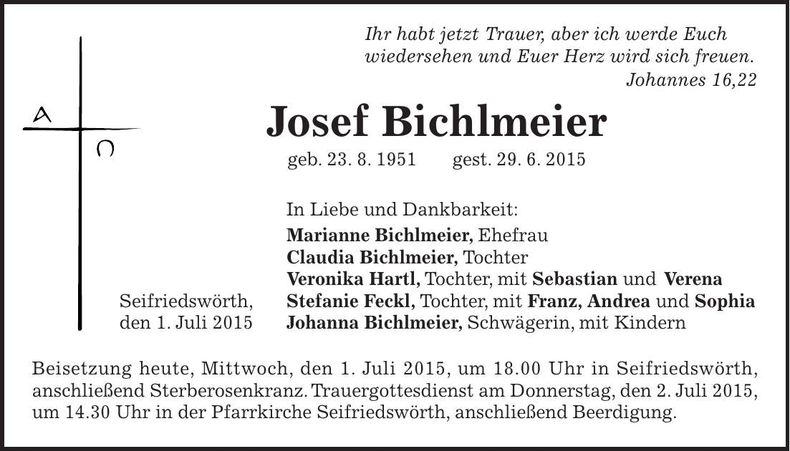 Traueranzeige Josef Bichlmeier