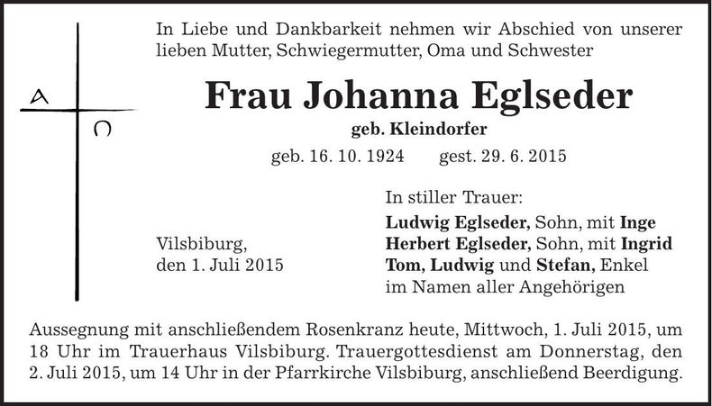 Traueranzeige Johanna Eglseder