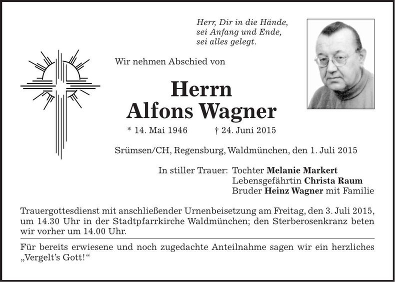 Traueranzeige Alfons Wagner