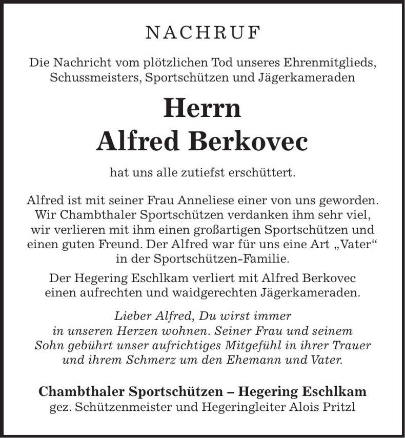 Traueranzeige Alfred Berkovec