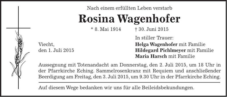 Traueranzeige Rosina Wagenhofer