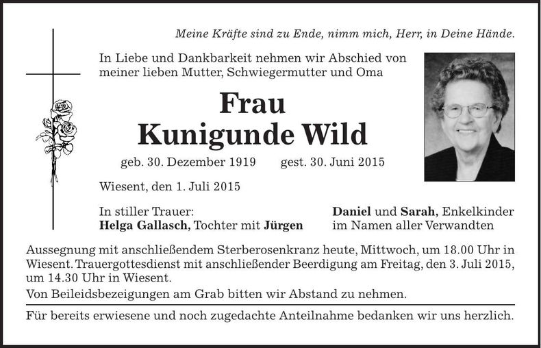 Traueranzeige Kunigunde Wild