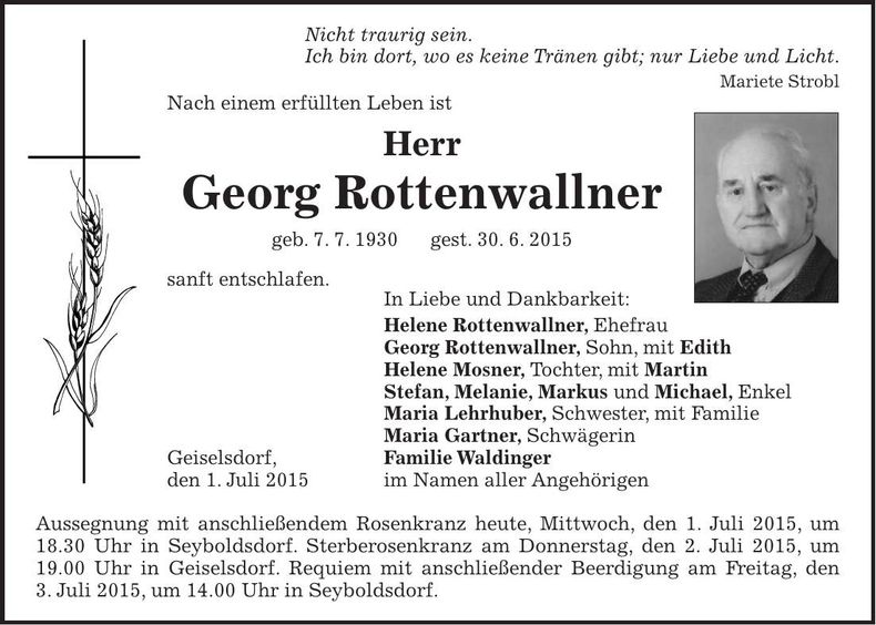 Traueranzeige Georg Rottenwallner