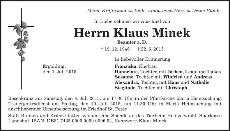 Traueranzeige Klaus Minek