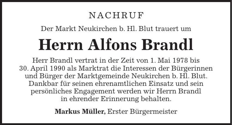 Traueranzeige Alfons Brandl