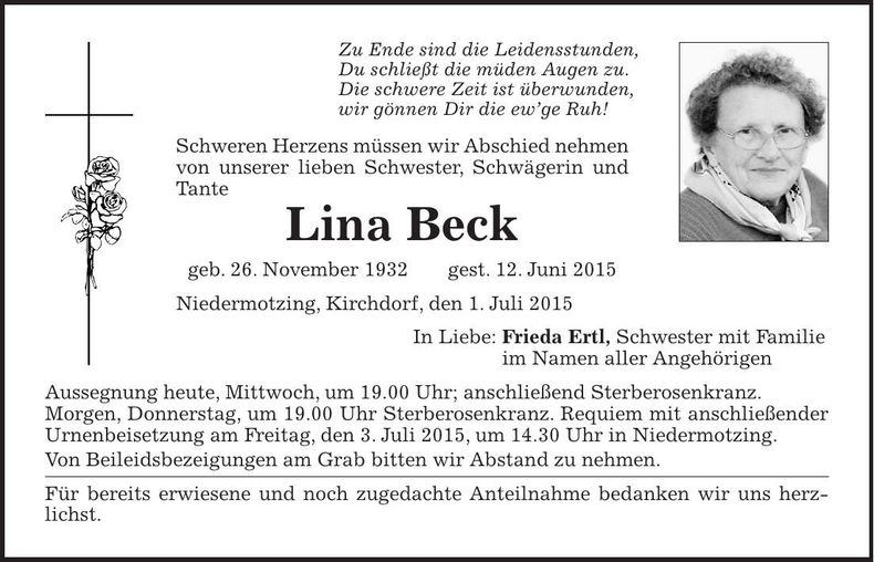 Traueranzeige Lina Beck
