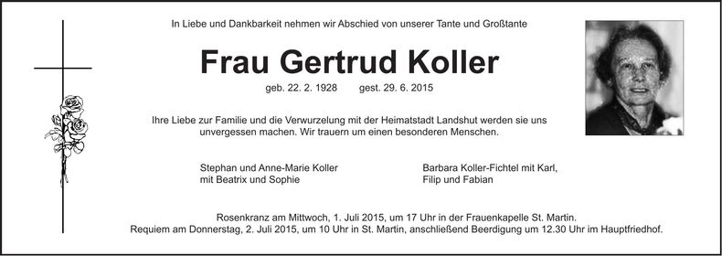 Traueranzeige Gertrud Koller