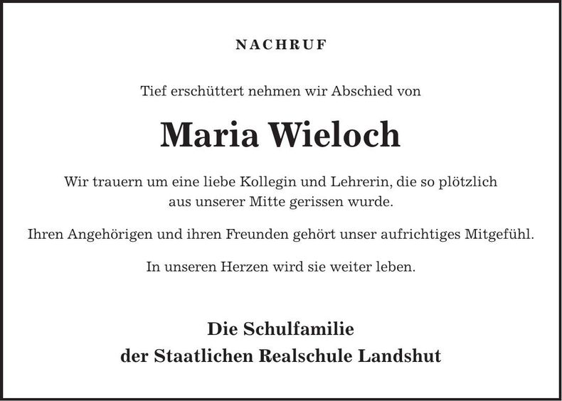 Traueranzeige Maria Wieloch