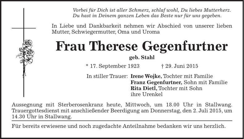 Traueranzeige Therese Gegenfurtner