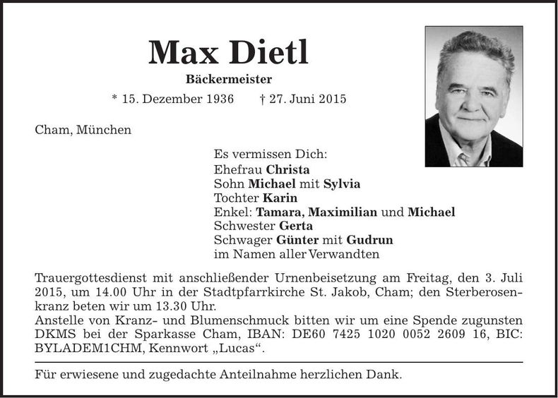 Traueranzeige Max Dietl