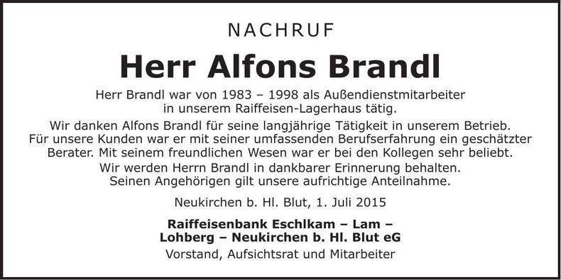 Traueranzeige Alfons Brandl