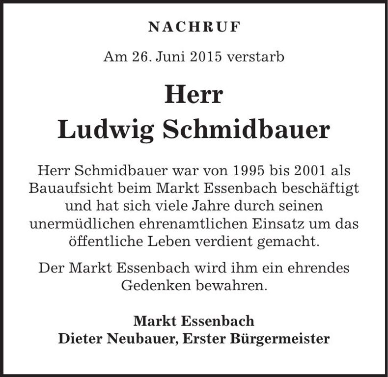 Traueranzeige Ludwig Schmidbauer
