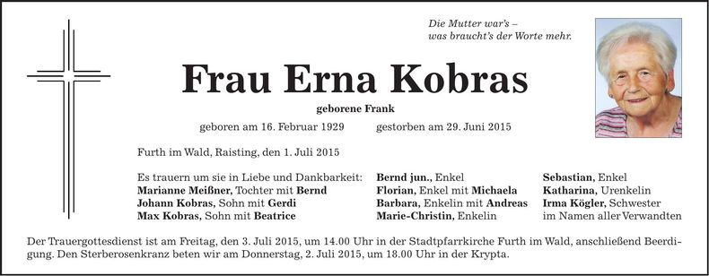 Traueranzeige Erna Kobras
