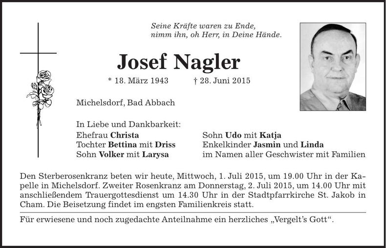 Traueranzeige Josef Nagler