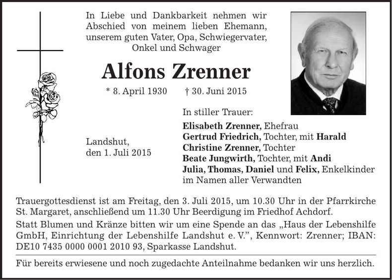 Traueranzeige Alfons Zrenner