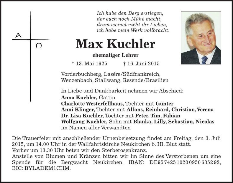 Traueranzeige Max Kuchler