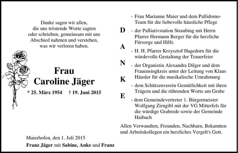 Traueranzeige Caroline Jäger