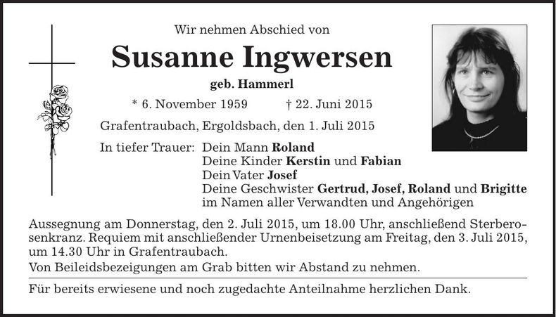 Traueranzeige Susanne Ingwersen