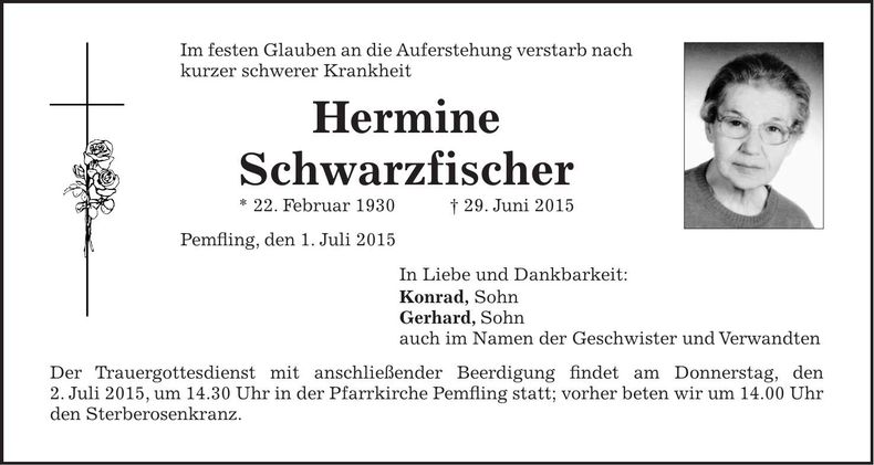 Traueranzeige Hermine Schwarzfischer
