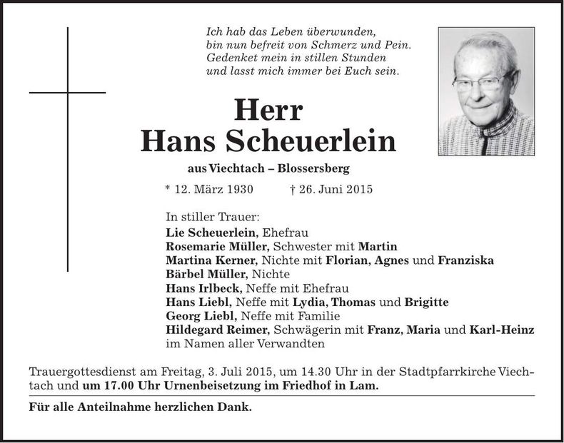 Traueranzeige Scheuerlein Hans