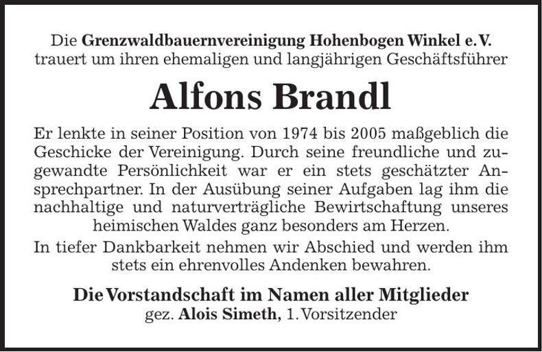 Traueranzeige Alfons Brandl